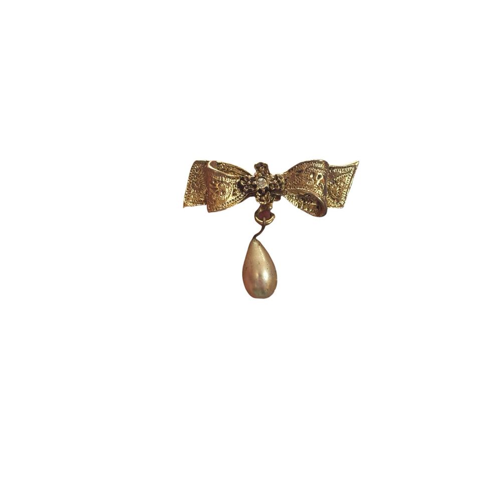 Vintage Gold Tone Bow Brooch Faux Pearl Dangle Filigree Pin Restored